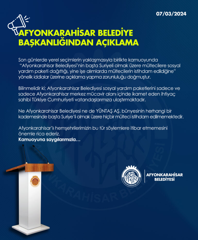 AFYONKARAHİSAR BELEDİYE BAŞKANLIĞINDAN AÇIKLAMA