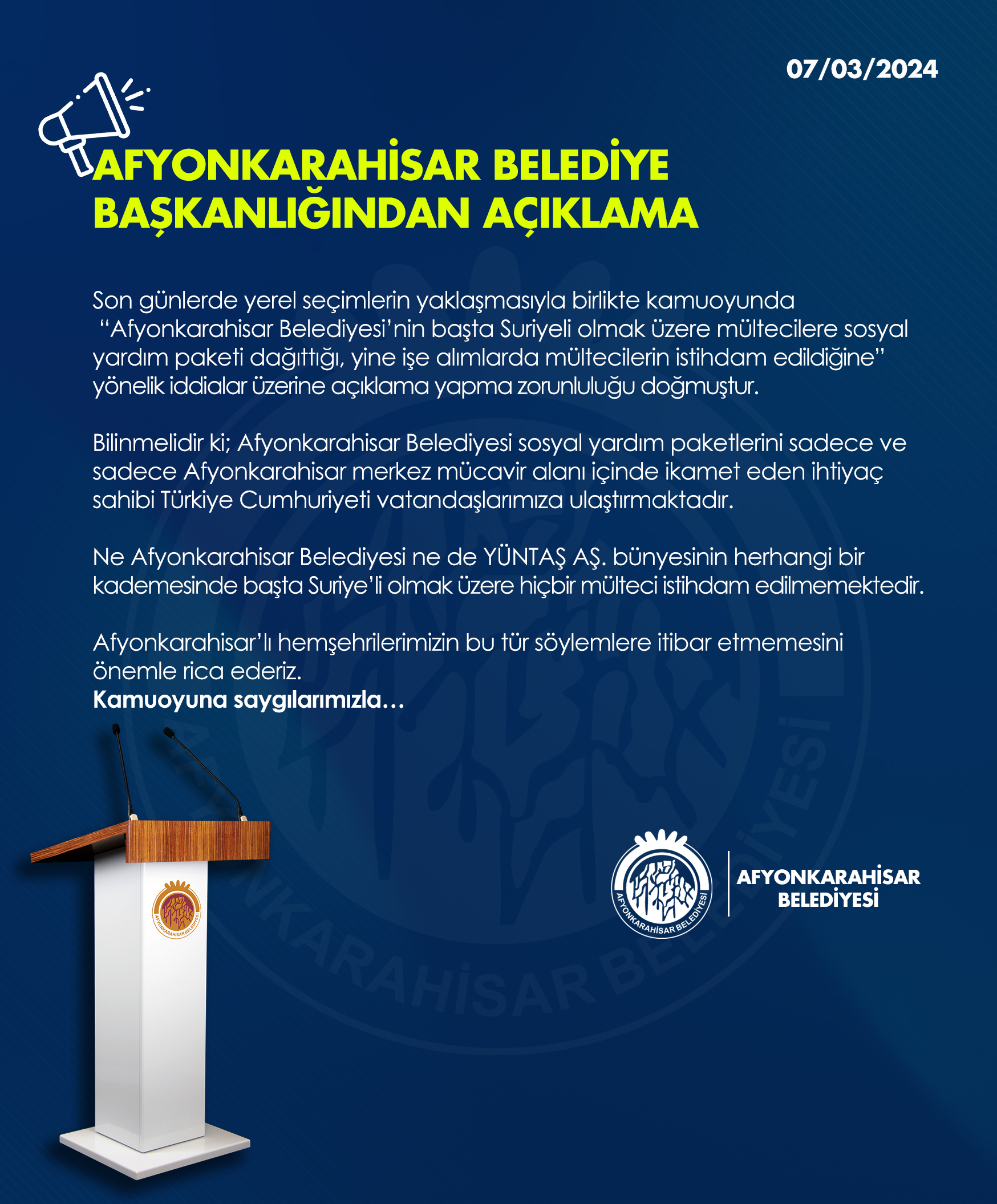 AFYONKARAHÝSAR BELEDÝYE BAÞKANLIÐINDAN AÇIKLAMA         Son günlerde