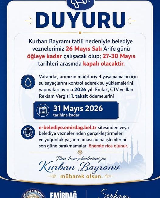 Son dakika bilgilerine göre, Emirdağ Belediyesi’nden Kurban Bayramı Çalışma Takvimi.
